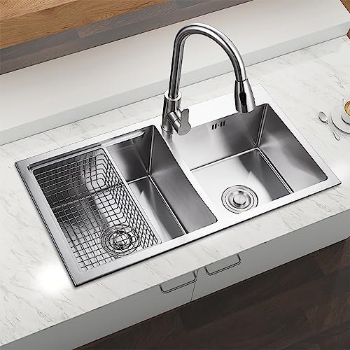 HomeLava Moderne Einbauspüle Edelstahl Spülbecken Eckig 2 Becken mit Ablaufkorb für Küche (ohne Wasserhahn)
