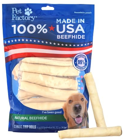 Pet Factory 100% Made in USA Beefhide Chip Rolls Dog Rawhide Chews, Thick, Dog Chews Long Lasting from American Cattle, Dog Chew Bones, 5 Inches (Pack of 22)