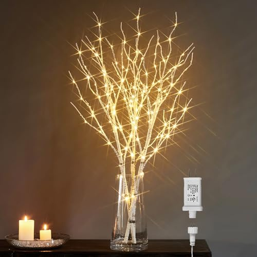 LITBLOOM Lighted White Birch Twig Branches 30IN 150 LED Plug in with Timer and Dimmer, Artificial Tree Branch with Lights for Indoor Outdoor Home Christmas Room Decoration