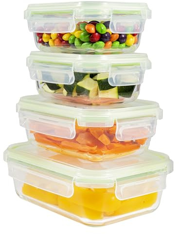 Home Fleek Rectangular Airtight Glass Food Containers with Lids - Stackable Food Storage Containers, Space Saving, Airtight, Microwave, Oven and Freezer Safe Meal Prep (Set of 4, Green)