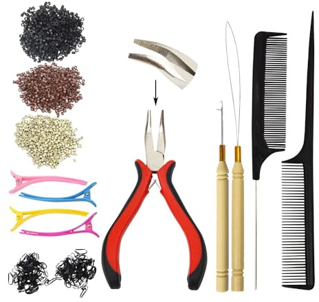 Hair Extensions Kit : 1500 Pcs Silicone Ring Beads, Pulling Needle Loop Threader, I-tip Hair Extension Pliers, Clips, 2 Combs and 2 Bags Black Rubber Bands