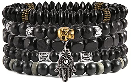 HZMAN Wickelarmbänder Männer Frauen Hanfschnüre Holzperlen Ethnische Tribal Armbänder, Lederarmbänder (Hand der Fatima)