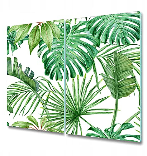 Coloray Glass Chopping Board Splashback for Kitchen 2X 11.8 x 20.5 inch / 2x30x52cm Tempered Safety Glass Worktop Cutting Board Protection - Palm and Monstera Tropical Leaves Green