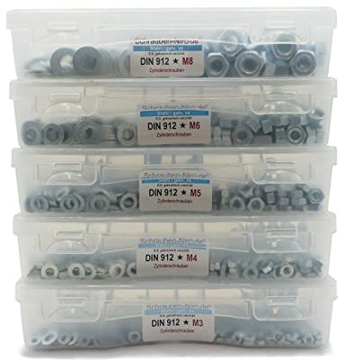 Set DIN 912 Zylinderkopfschrauben M6 galv. verzinkt 8.8 Muttern + Scheiben | Set DIN 912 Stahl 8.8 galvanisch Schrauben M6 Innensechskant mit Muttern DIN 934 Unterlegscheiben DIN 125