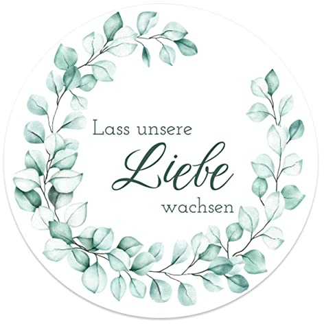Lass unsere Liebe wachsen Aufkleber rund 4,5 cm - Hochzeit Sticker ideal für Blumensamen Gastgeschenk in vielen verschiedenen Designs (40x Stück, Eukalyptus)