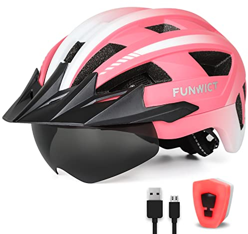 FUNWICT Fahrradhelm mit Visier für Herren Damen, Leichte Fahrradhelm mit Magnetischem Brille und USB-Aufladung LED Licht, Stylisch Mountainbike Helm Größe M/L/XL (M: 54-58 cm, Rosa)