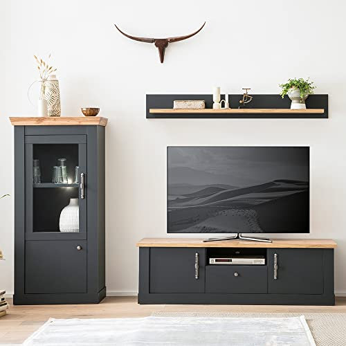 Lomadox Landhaus Wohnzimmer Wohnwand mit Beleuchtung in anthrazit mit Wotan Eiche Nb., B/H/T ca. 250/170/45 cm