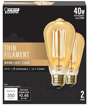 Feit Electric ST19 Vintage Edison LED Light Bulb, 40W Equivalent, Dimmable, 2100 Warm Light, E26 Base, Amber Glass Thin Filament Lighting Bulbs, 15,000-Hour Lifetime, ST1940/VG/TFIL/2, 2 Pack