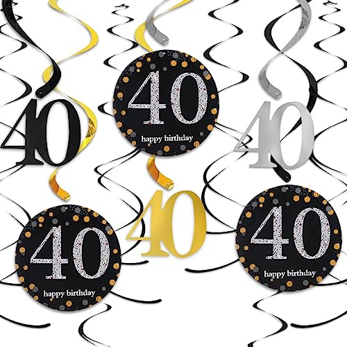 Wirbel Deko Schwarz Gold Spiralen Girlande Folien Deckenhänger DoppelSpiral Deko,Spiral Wirbel Girlanden 40 Geburtstag Deko Spiralen Set,für 40 Geburtstag, Hochzeit, Jubiläum oder Partydeko (40)