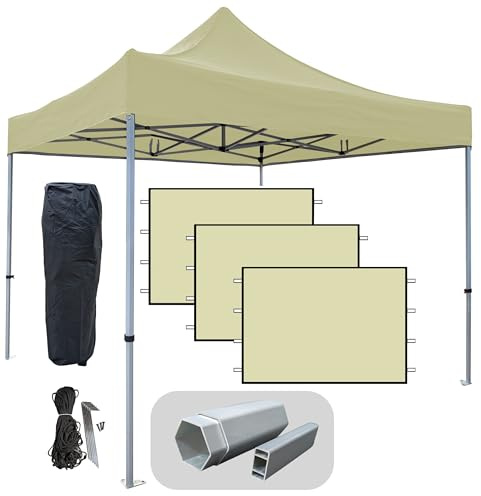 Profi-ZELTE.DE Alu Faltpavillon Hexagon Profi-LINE Alurahmen Hexagon 40mm, 100% wasserdicht (Beige, 3x3m mit 3 Seitenteilen)