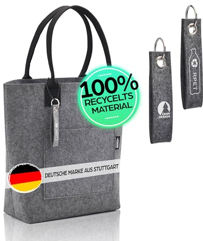 TANNDESIGN Nachhaltiger Damen Shopper „Emma“ aus recyceltem Filz Grau – Einkaufstasche 21L mit Schultergurt & Fronttasche | Umweltfreundliche Tragetasche für Alltag, Büro & Freizeit | Waschbar