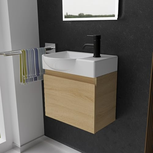 Alpenberger Waschtisch mit Unterschrank | Gäste WC Waschbecken Klein 45 cm Breit | Aufsatzwaschbecken mit Waschbeckenunterschrank | Badmöbel Hängeschrank | Waschtischunterschrank Eiche Hell