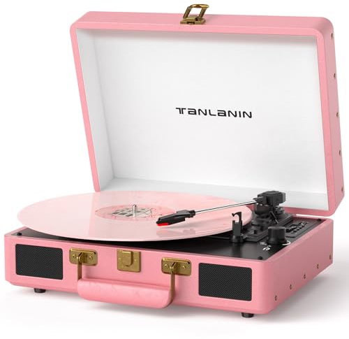 TANLANIN Vinyl Record Player Bluetooth, 3-Speed Turntable Vinyl Player, Portable Suitcase Record Players with USB/TF Recording & Playback, Built-in Speakers, Belt Drive, AUX/RCA/Headphone Jack, Pink