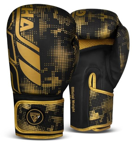 Gotchakart Guantes de boxeo para hombre, artes marciales mixtas, kickboxing, sparring, guantes de entrenamiento para saco de boxeo, color negro y dorado, 12 onzas, guantes de boxeo para mujer