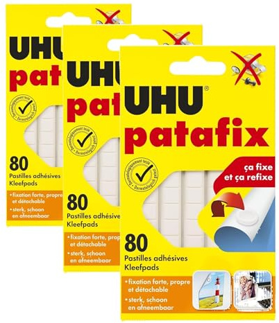 UHU Patafix blanche - pastilles adhésives prédécoupées, pâte à fixer, repositionnables, blanche, 80 pastilles (Lot de 3)