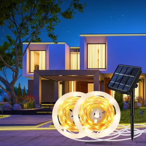 Aitesuo Solar LED Strip 10m, 2x5m Warmweiß 2700K Solarbetriebene LED Streifen Außen, 360 LEDs, 8 Modi, Schneidbar, IP65 Wasserdicht, LED Band Selbstklebend für Hochzeit, Garten, Terrasse, Haus Deko