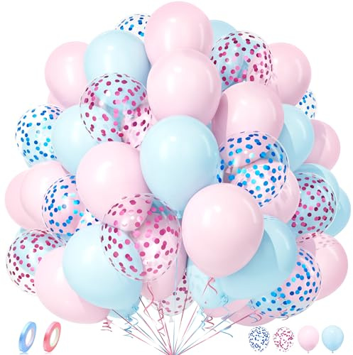 Unisun Luftballons Rosa Blau, 50 Stück Ballon Pastell Macaron Rosa Blau Konfetti Luftballon Mädchen Junge Geburtstag Geschlecht Offenbaren Jubiläum Hochzeit Verlobung Baby Shower Braut Party Deko