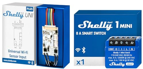 Shelly Plus Uni | Smartes Wi-Fi- und Bluetooth-gesteuertes Modul mit potenzialfreien Kontakten & 1 Mini Gen 3 | WiFi & Bluetooth Smart Switch Relais 1 Kanal 8A