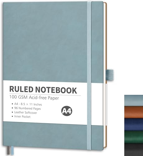 RETTACY Notizbuch A4 Liniert – 96 nummerierte Seiten, 100 g/m² Papier | Journal & Tagebuch, Softcover, kein Tintenfresser, Innentasche – für Berufstätige, Studenten, Meetings - Graublau