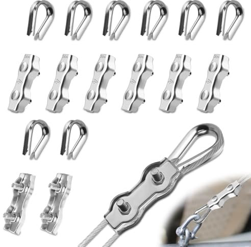 Mbsomnus Set di 16 morsetti per fune metallica M4, con 8 morsetti per fune da 4 mm e 8 pezzi, 4 mm, in acciaio inox 304, morsetti duplex per fune in acciaio, fissaggio