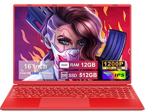 NOTODD Ordenador Portátil 16 Pulgadas Celeron N5095 Up to 2.9Ghz | Portátil Win 11 5G WiFi 12+512GB SSD Expansión 1TB, BT 4.2 Mini Puerto Multimedia Portatiles 1920*1200-Rojo