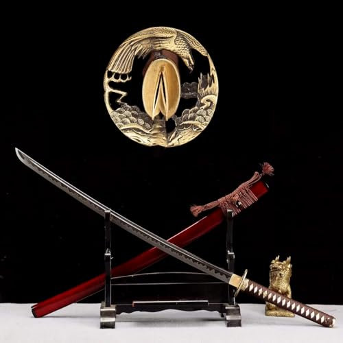 KWXPW 103cm Katana mit Manganstahl Klinge,Handgefertigtes Samuraischwert mit natürlicher Holzscheide,echtes Schwert für Cosplay,Dekor,Geschenke,Sammeln,Ausstellen,Kampfsport,Halloween,Maskerade