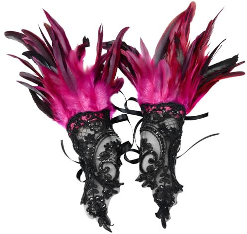 Mesh Handschuhe Schwarz Handschuhe KostüM Fingerlo Feder dekorative Handschuhe Karneval Party Kostüm Zubehör Maskerade Show Seidenhandschuhe Damen Weiß Lange Handschuhe Hands (Hot Pink, One Size)