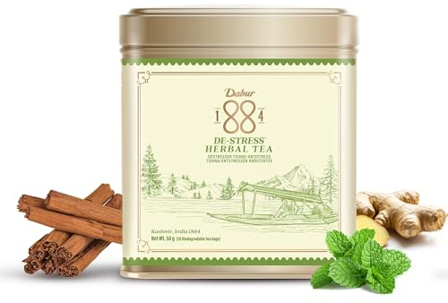 Dabur 1884 De-stress Herbal Tea | 20 Biodegradable Tea Bags (50g) | 100% Natural Ingredients | Recyclable Aluminum Tin | Stress Relief Tea, Improves Immune System | Perfect for Gifting