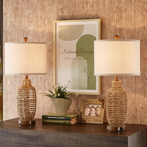 YIMNOVP Rattan Table Lamps Set of 2 Wicker Lamps 3 Way Dimmable Touch Control Farmhouse Rustic Coastal Lamps with USB Port for Bedroom Living Room Office (LED Bulbs Included)