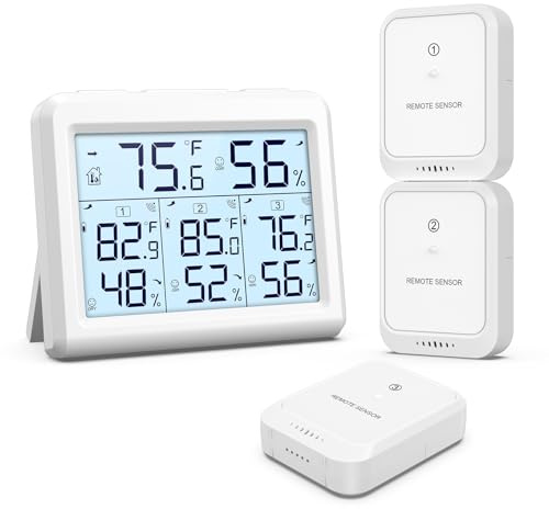 Ankilo Indoor Outdoor Thermometer, 3 Channels Digital Hygrometer Thermometer with 3 Sensor, Temperature Humidity Monitor with LCD Display, Wireless Humidity Gauge for Home, Baby Room
