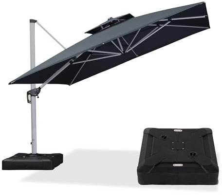 PURPLE LEAF Sonnenschirm 330 × 330 cm mit Ständer, Gestell Aluminium, Grau | Ampelschirm mit Ständer, Doppeldach-Belüftung, Rostschutz-Rahmen, 360° Drehbar Flexibel, 6-fach Verstellbar, UV 50+ Polyester