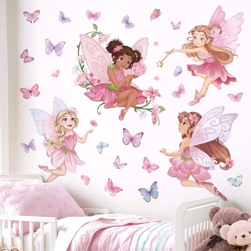 wondever Wandtattoo Rosa Feen Elfen Wandsticker Mädchen Schmetterlinge | Abziehen und Aufkleben, Abziehbar, Wandaufkleber Selbstklebend für Kinderzimmer Mädchen Babyzimmer Mädchenzimmer Wanddeko