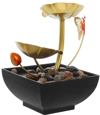 IMIKEYA Indoor Desktop Wasserbrunnen Gold Lotusblatt Zimmerbrunnen Mit Wasserfall Und Natursteinen Kompakter Tischbrunnen Aus Resin Und Eisen Zur Luftbefeuchtung Und Wohnkultur Für Büro Un
