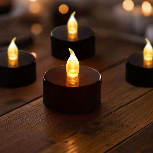 Candlium Batteriebetriebene Teelichter, LED-Teelichter, flammenlose Kerzen, über 200 Stunden, flackernde künstliche Teelichter für süßeste Tage, Hochzeit, Heimdekoration, Party (schwarzer Sockel, 12