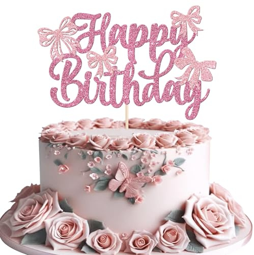 SYKYCTCY 1 Pack Bow Happy Birthday Cake Topper Glitter Coquette Cake Pick Decorations for Girls Women Birthday Theme Baby Shower Party Supplies Pink