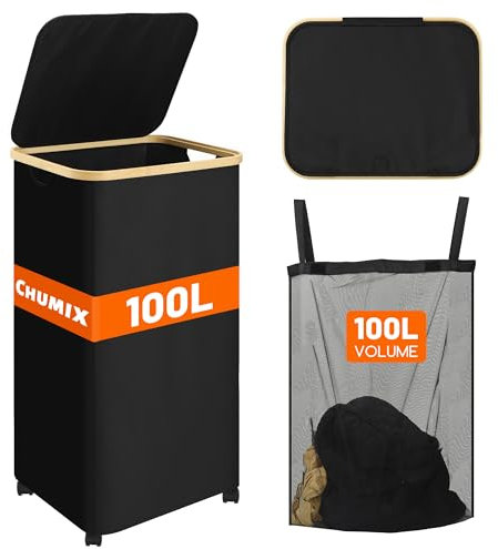 Chumix Cesto Ropa Sucia con Tapa, 100L Cesta Ropa Sucia con Ruedas, Cubo Ropa Sucia Plegables con Mango de Bambú, Bolsa Interior Extraíble y Lavable, para Baño, Dormitorio, Lavadero, Nero