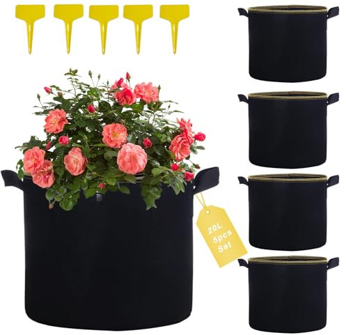Zyluniy Stofftopf 20L 5 Stück, pflanzsack mit 5 Pflanzenetiketten, kartoffelsack zum Pflanzen mit Griff, pflanztaschen für draußen, Ideal für Kartoffeln, Blumen, Obst, Tomaten pflanzsäcke