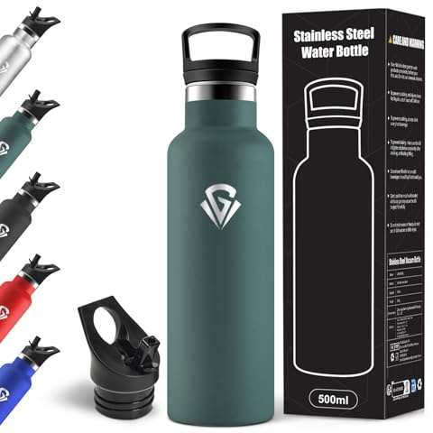 Motswedi Botella Termica Agua Acero Inoxidable, 500ml Libre de BPA, 2 Tapas Incluidas (Con Pajita), 304 Acero Inoxidable, Botellas para Escuela, Yoga, Montañismo - Verde Militar