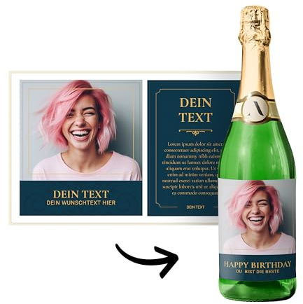 Flaschenetiketten Geburtstag selbst gestalten – Set mit 2 Stickern (Vorder- & Rückseite) – personalisierbar mit Foto & Text – für Wein/Sekt – wasserfest – DIY Geschenk (Ornament blau)