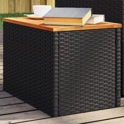 HaoChrymec Garten-Beistelltische 2 STK. aus Poly Rattan und Holz, Schwarze Farbe, 55x34x37 cm, Beistelltisch Outdoor, Loungetisch Garten