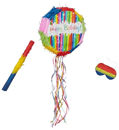 Relaxdays Pinata Geburtstag, mit Stab & Maske, Partypinata für Kinder, Geburtstag, zum Befüllen, HxD: 32 x 9 cm, bunt