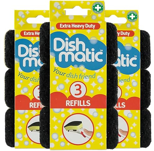Dish Matic Refill Sponges - 9 Pack Heavy Duty Black Refill Sponges Cleaning Scourer - General Purpose Washing-Up Sponge Refill Head for Kitchen & Bathroom Cleaning