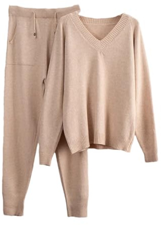 Women Cashmere Knitted Sets Loose V Neck Sweater Carrot Pant 2 Pieces Outfit Tracksuits Pants Beige One Size