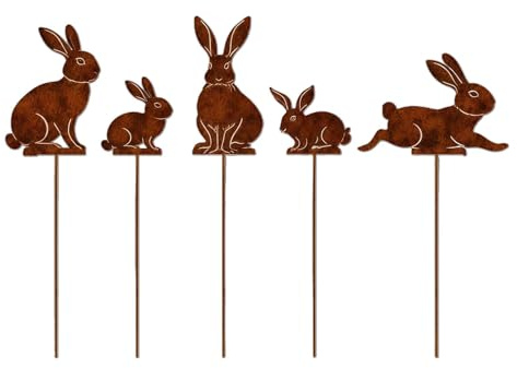 PIujsym 5 Stück Gartenstecker Ostern Rostoptik, Osterdeko Outdoor Metall, Wetterfeste Osterhasen Deko für Garten, Rasen & Blumenbeet, Rost Figuren als Deko Ostern Draußen
