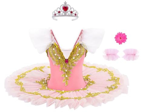 Lito Angels Abito tutù da Balletto per Bambina, Costume da Ballerina con Applicazioni Dorate e Strass, Perfetto per Spettacoli, Danza, Feste e Scuola, 9-10 Anni Taglia 140 Rosa