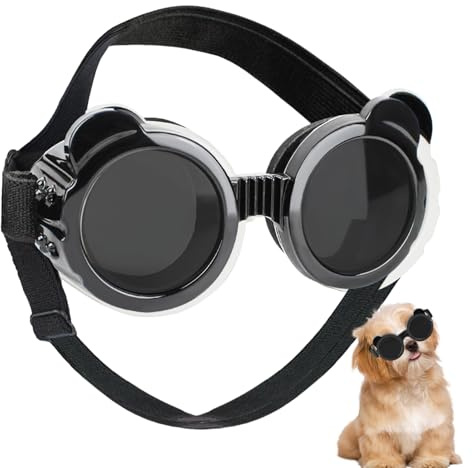 Occhiali da sole per cani - Occhiali anti UV per animali domestici, Occiali antiappannamento, Protezione esterna antivento, Cinturino in nylon regolabile, Montatura nera Morbida vestibilità in spugna