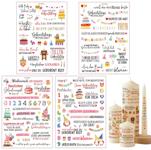 PHYNDR 4 Stück Geburtstag kerzenfolie, Kerzentattoos Wassertransferdruck,Wasserschiebefolie kerzen,Kerzenaufkleber Sticker für Kerze Tasse DIY Geschenk,Kerzen Dekorieren