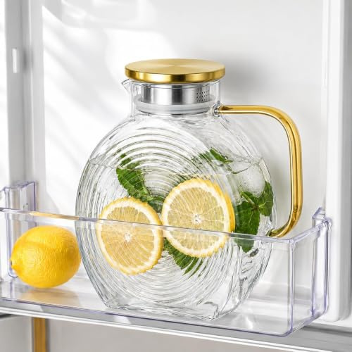 Nasxkji 2,5 l vattenkanna i glas med genomskinligt lock | Transparent borosilikatglaskaraff på 2,5 l, borosilikatglas, lock i rostfritt stål, V-formad utgjutningstapp