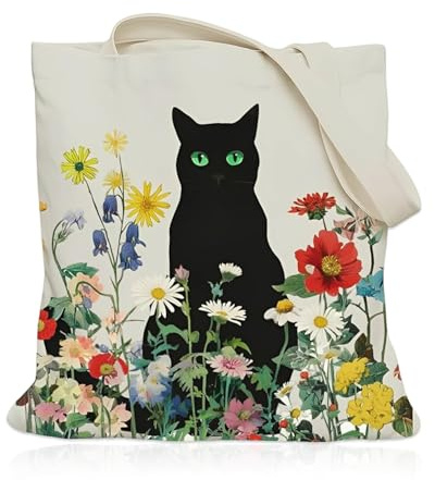 GONZTEL 1 Pieza Bolsa Lona Negra, Diseño Gato Negro, Bolso Tela Algodón Reutilizable y Robusto para Compras, Universidad y Uso Diario, Regalo Ideal Amantes Gatos