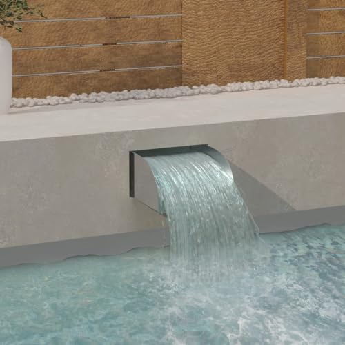 Ziaphsol Cascata con LED in acciaio inox 304 opaco spazzolato, 30 x 34 x 14 cm, illuminazione a LED per laghetto, fontana, cascata, giardino e piscina, tranquillità grazie al gioco dell'acqua
